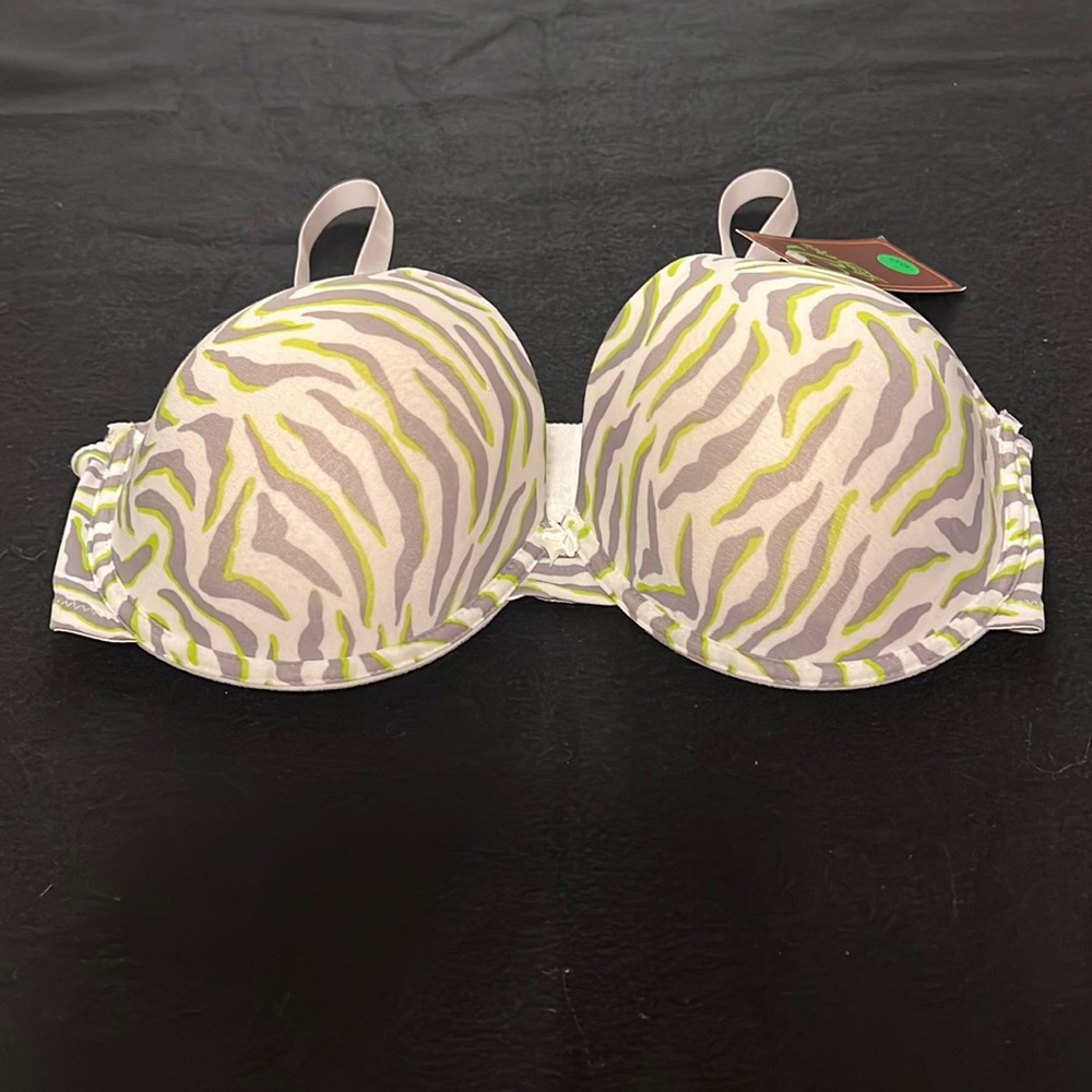 Padded Underwire Lightly Lined Bow Bra Lime Green & Gray Zebra Print Size 40D